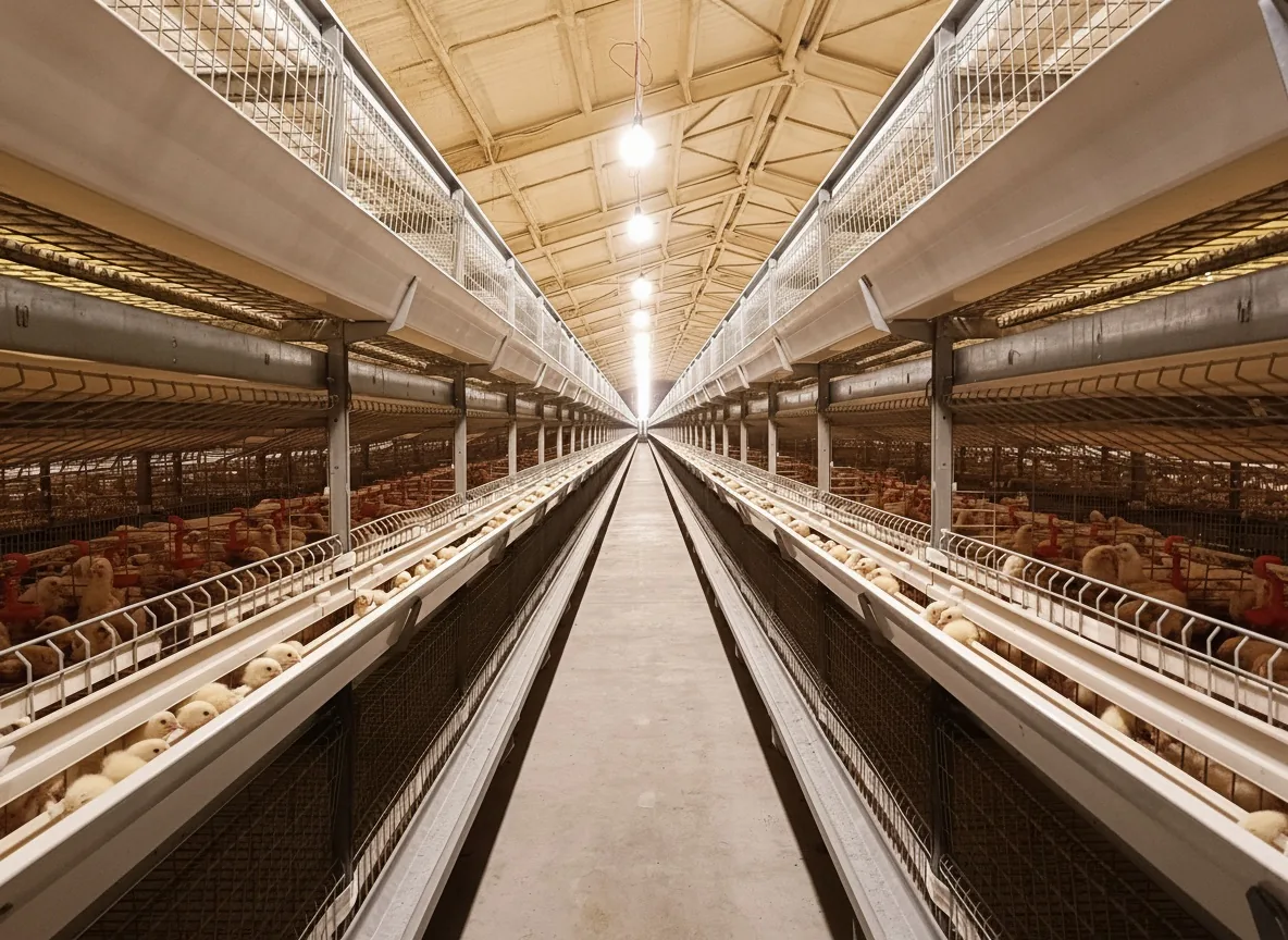 Poulets de chair élevés en cages étagées, avec abreuvement automatique